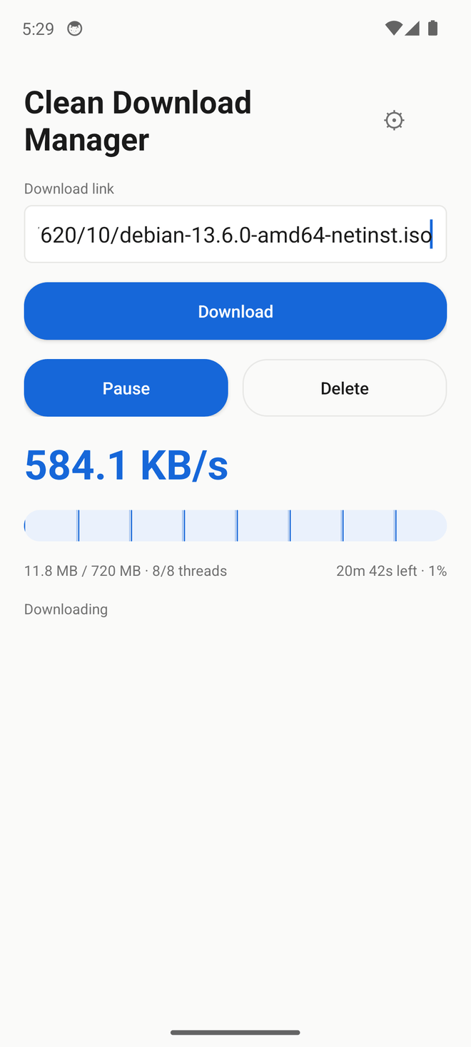 Clean Download Manager on Android: the same file downloading over 8 threads