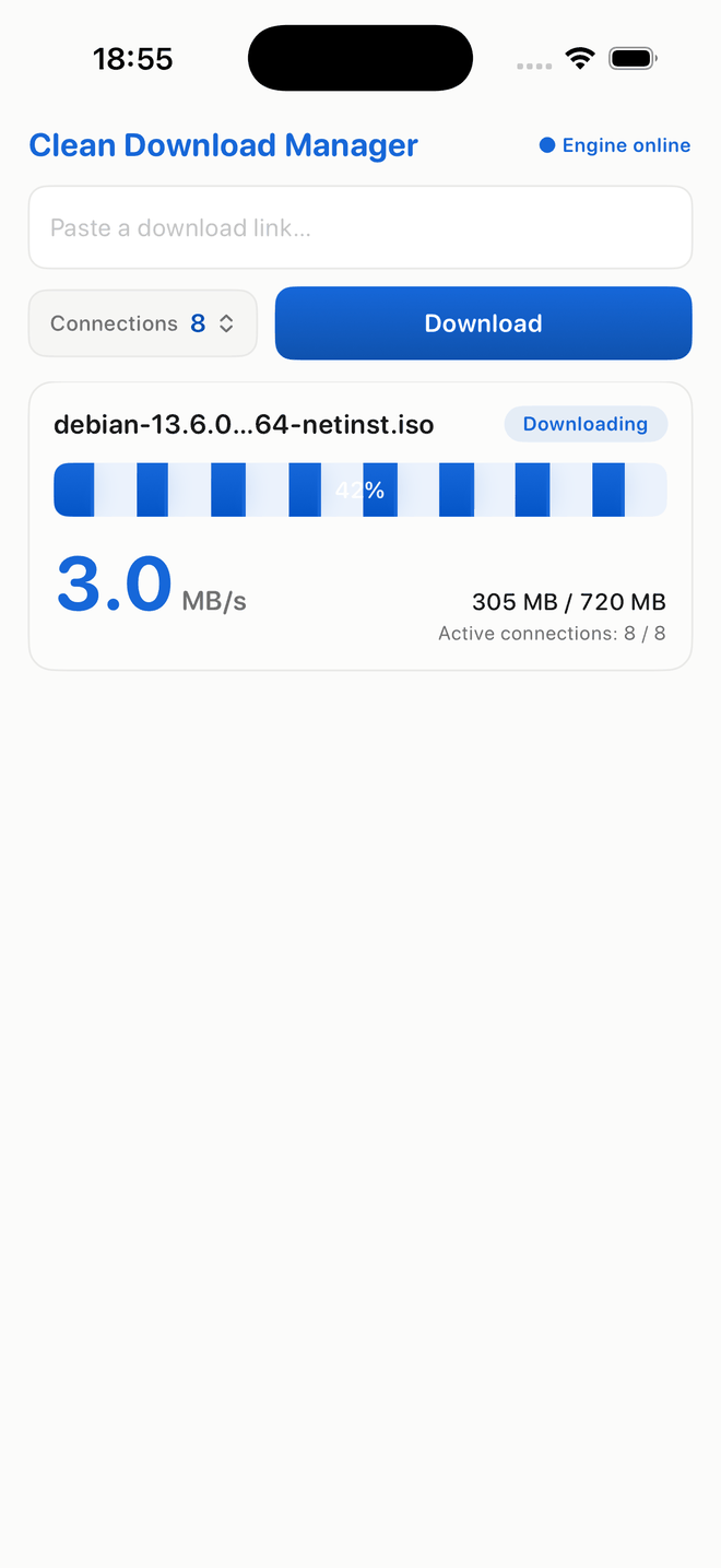 Clean Download Manager on iOS: one 720 MB file at 42%, 8 of 8 threads, 3.0 MB/s